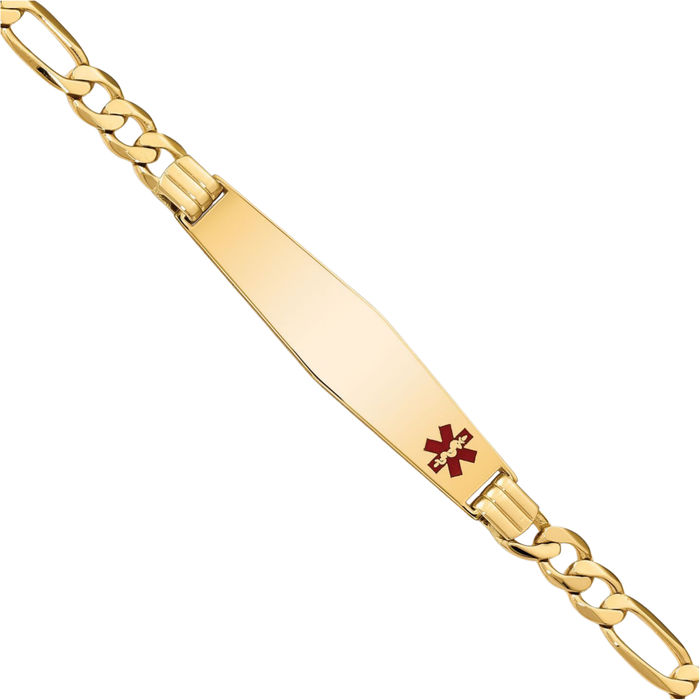 14K Solid Yellow Gold Medical Alert Figaro Link Name Bar Identification ID Bracelet