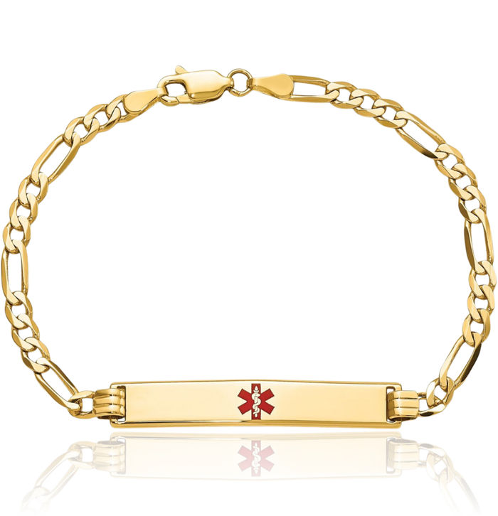 14K Solid Yellow Gold Medical Alert Figaro Link Name Bar Identification ID Bracelet