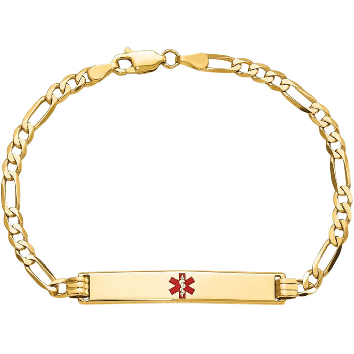 14K Solid Yellow Gold Medical Alert Figaro Link Name Bar Identification ID Bracelet