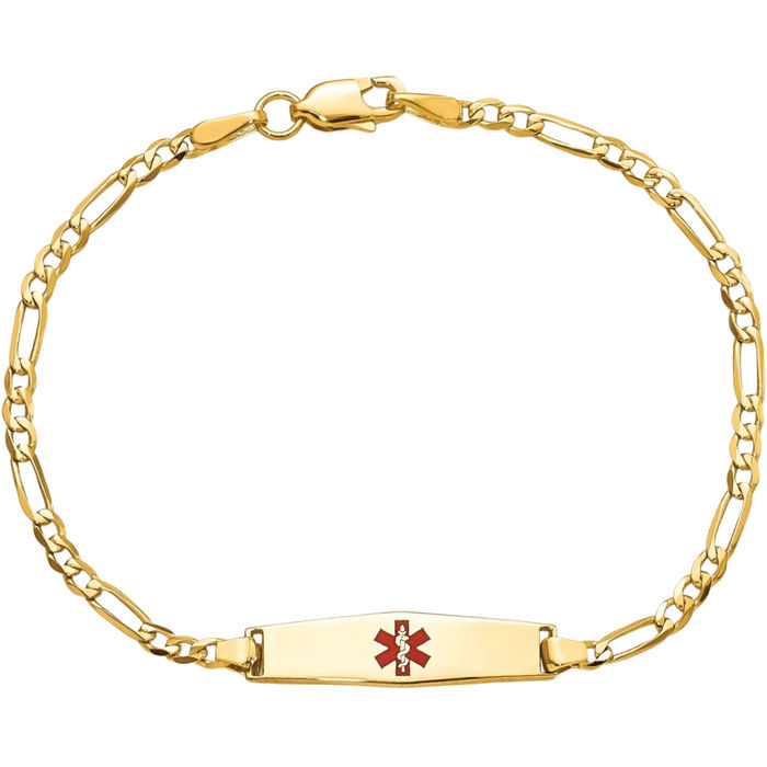 14K Solid Yellow Gold Medical Alert Figaro Link Name Bar Identification ID Bracelet