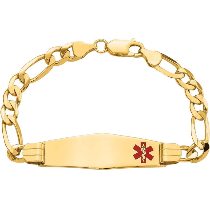 14K Solid Yellow Gold Medical Alert Figaro Link Name Bar Identification ID Bracelet