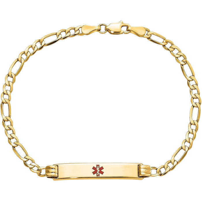 14K Solid Yellow Gold Medical Alert Figaro Link Name Bar Identification ID Bracelet