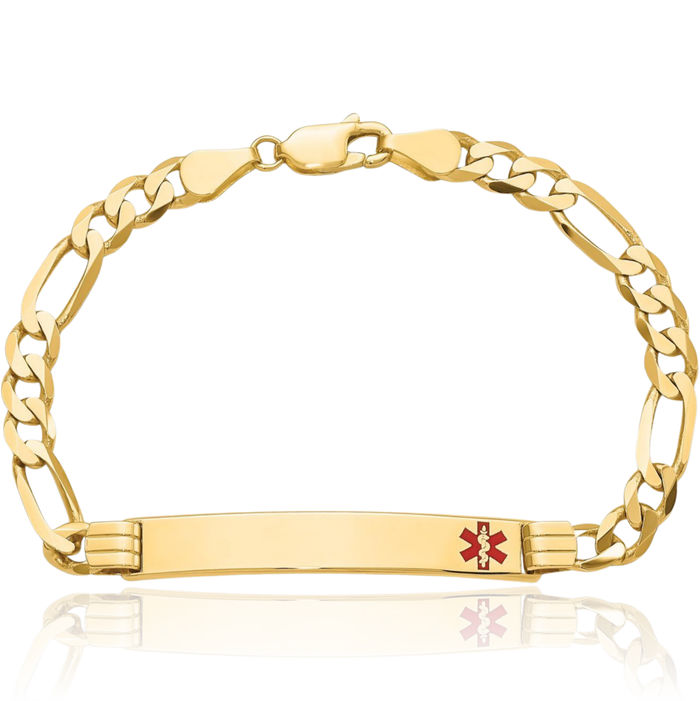 14K Solid Yellow Gold Medical Alert Figaro Link Name Bar Identification ID Bracelet