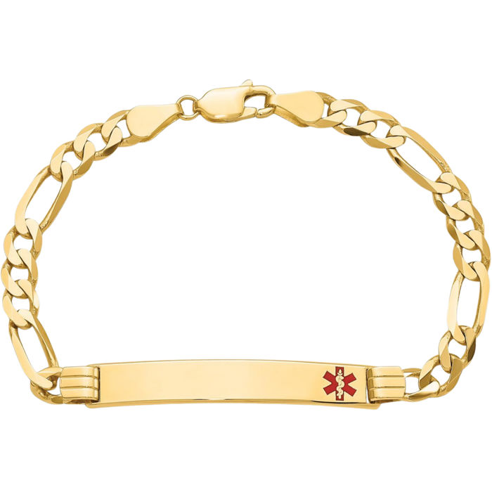 14K Solid Yellow Gold Medical Alert Figaro Link Name Bar Identification ID Bracelet