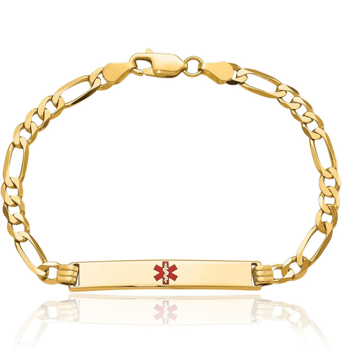 14K Solid Yellow Gold Medical Alert Figaro Link Name Bar Identification ID Bracelet