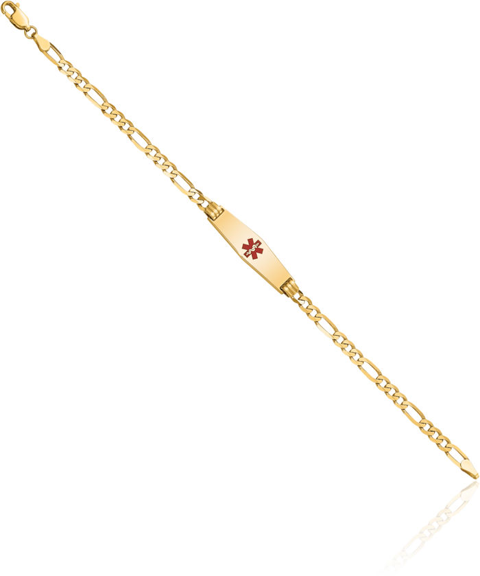 14K Solid Yellow Gold Medical Alert Figaro Link Name Bar Identification ID Bracelet