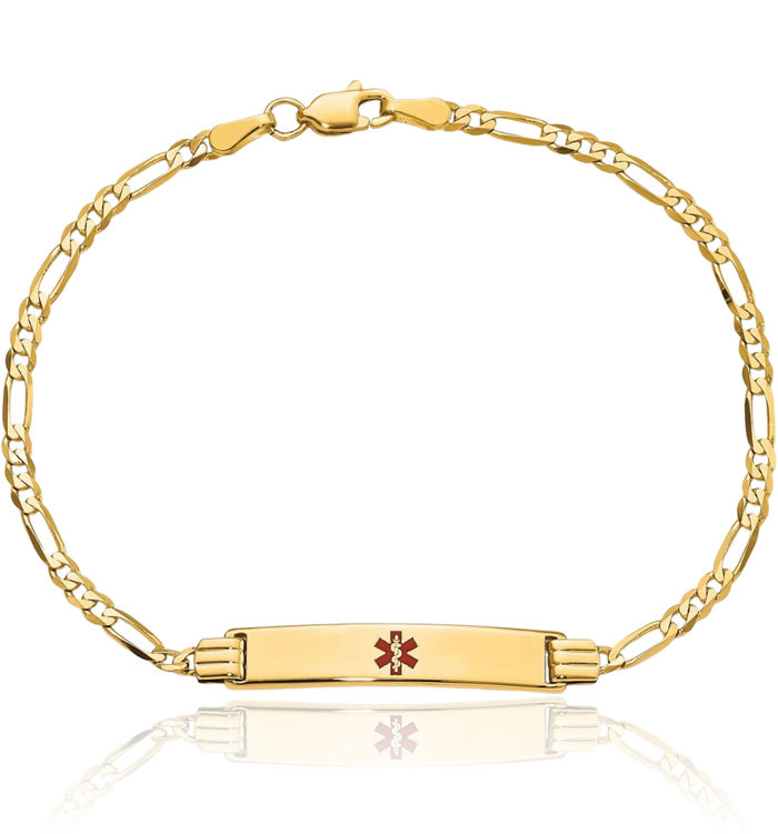 14K Solid Yellow Gold Medical Alert Figaro Link Name Bar Identification ID Bracelet