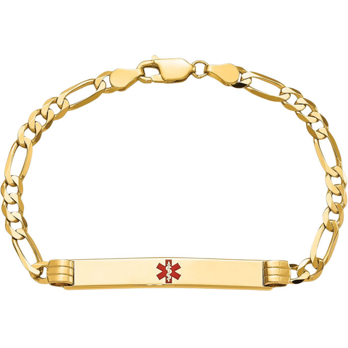 14K Solid Yellow Gold Medical Alert Figaro Link Name Bar Identification ID Bracelet