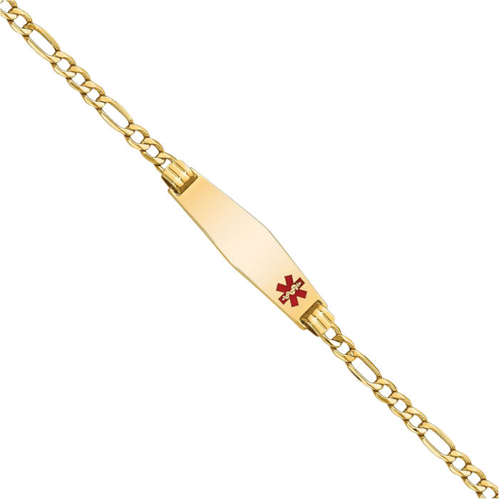 14K Solid Yellow Gold Medical Alert Figaro Link Name Bar Identification ID Bracelet