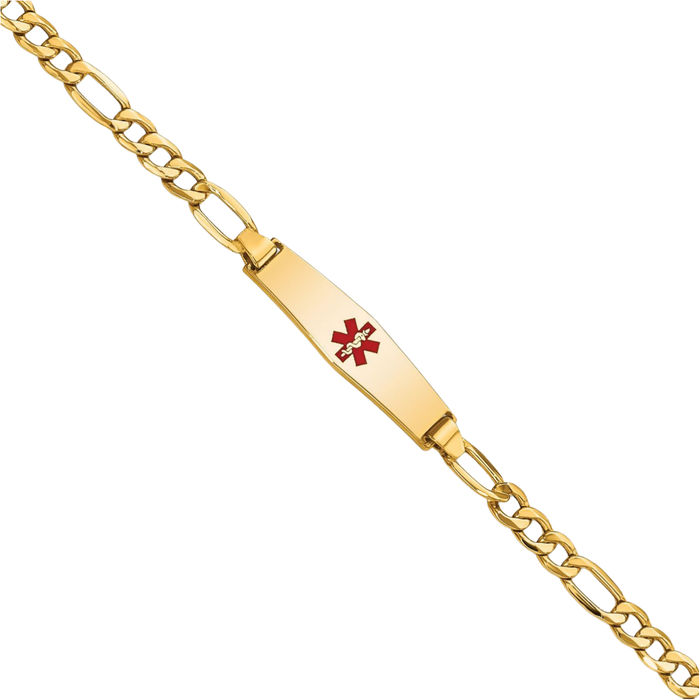 14K Solid Yellow Gold Medical Alert Figaro Link Name Bar Identification ID Bracelet