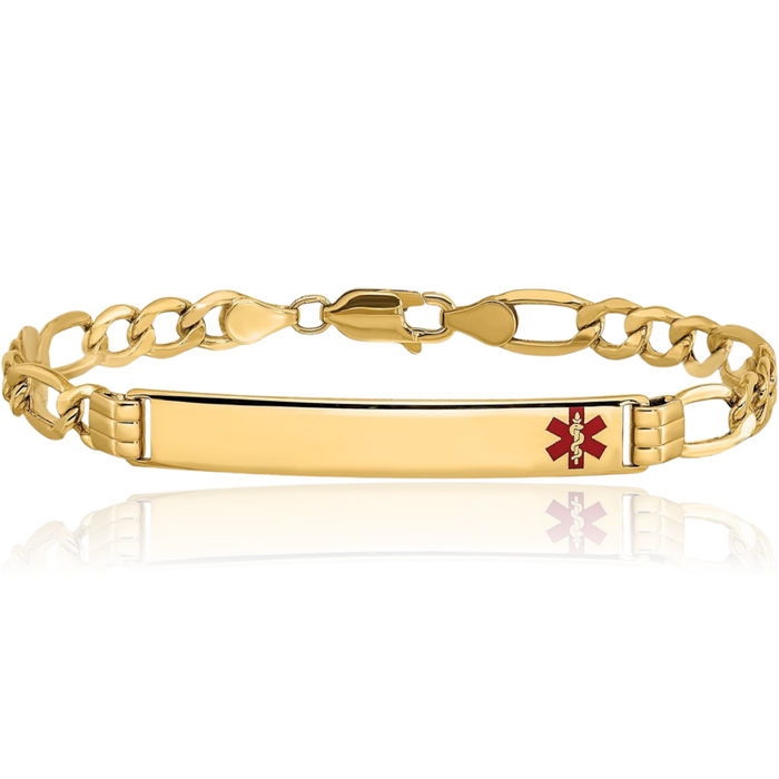 14K Solid Yellow Gold Medical Alert Figaro Link Name Bar Identification ID Bracelet