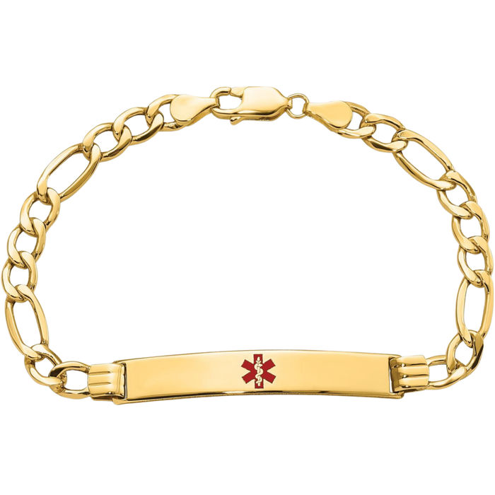 14K Solid Yellow Gold Medical Alert Figaro Link Name Bar Identification ID Bracelet