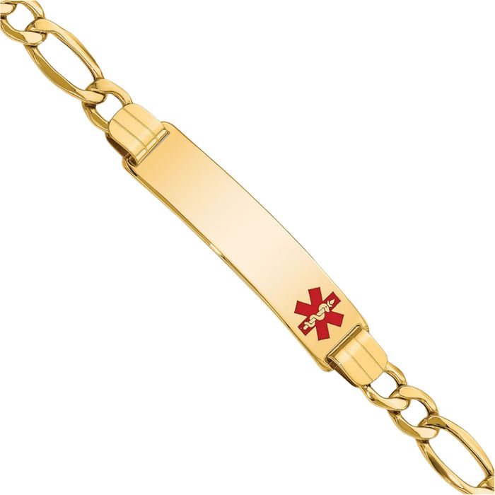 14K Solid Yellow Gold Medical Alert Figaro Link Name Bar Identification ID Bracelet