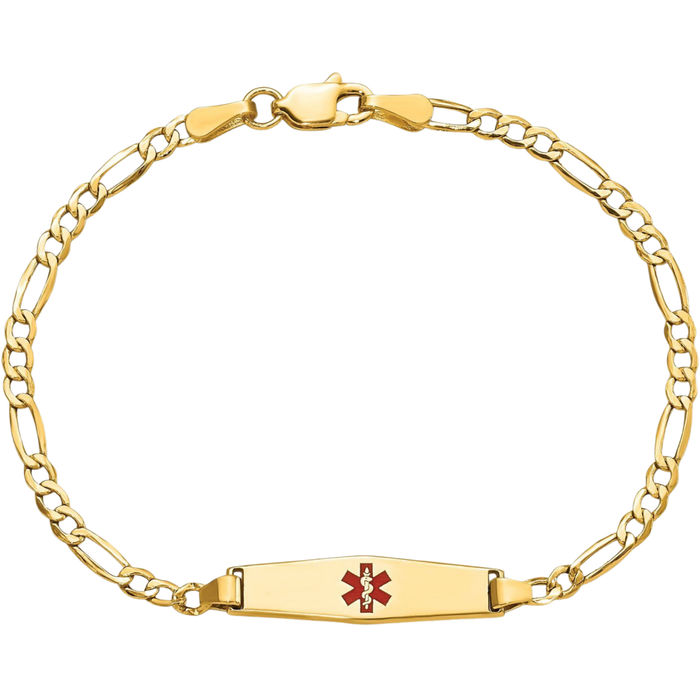 14K Solid Yellow Gold Medical Alert Figaro Link Name Bar Identification ID Bracelet