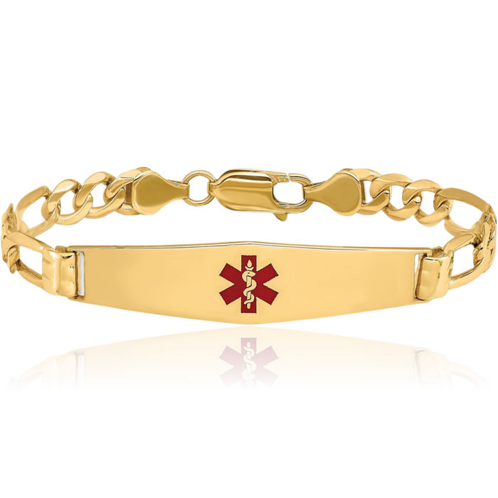 14K Solid Yellow Gold Medical Alert Figaro Link Name Bar Identification ID Bracelet