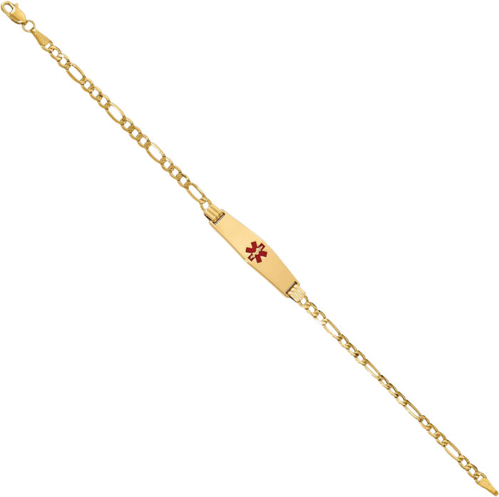 14K Solid Yellow Gold Medical Alert Figaro Link Name Bar Identification ID Bracelet