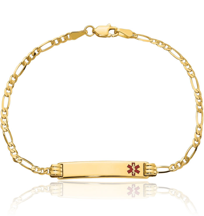 14K Solid Yellow Gold Medical Alert Figaro Link Name Bar Identification ID Bracelet