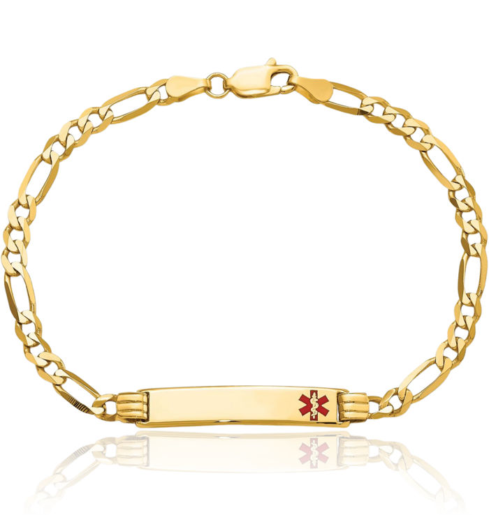 14K Solid Yellow Gold Medical Alert Figaro Link Name Bar Identification ID Bracelet