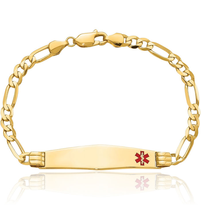 14K Solid Yellow Gold Medical Alert Figaro Link Name Bar Identification ID Bracelet