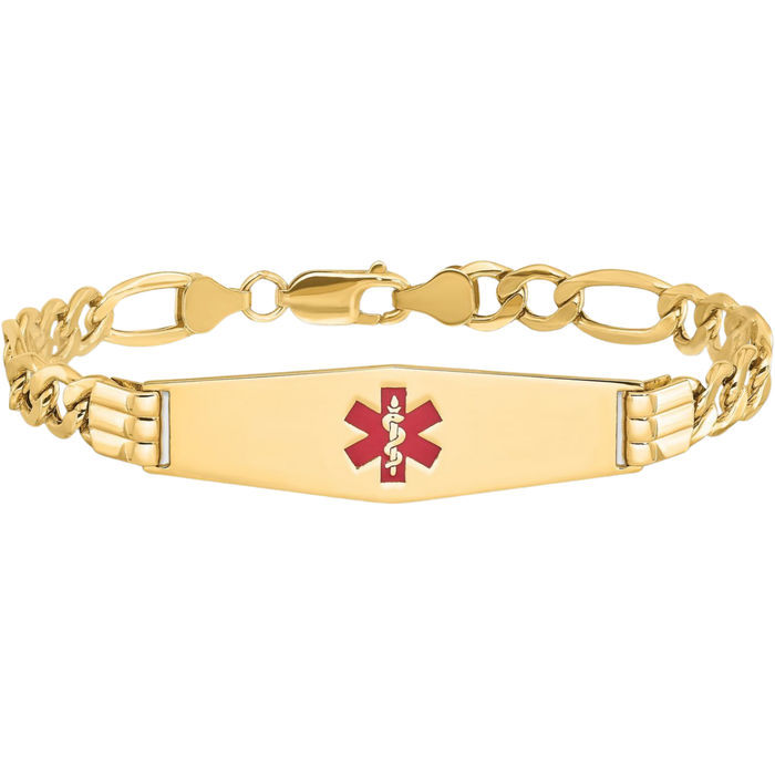 14K Solid Yellow Gold Medical Alert Figaro Link Name Bar Identification ID Bracelet