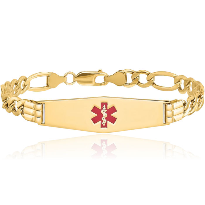 14K Solid Yellow Gold Medical Alert Figaro Link Name Bar Identification ID Bracelet