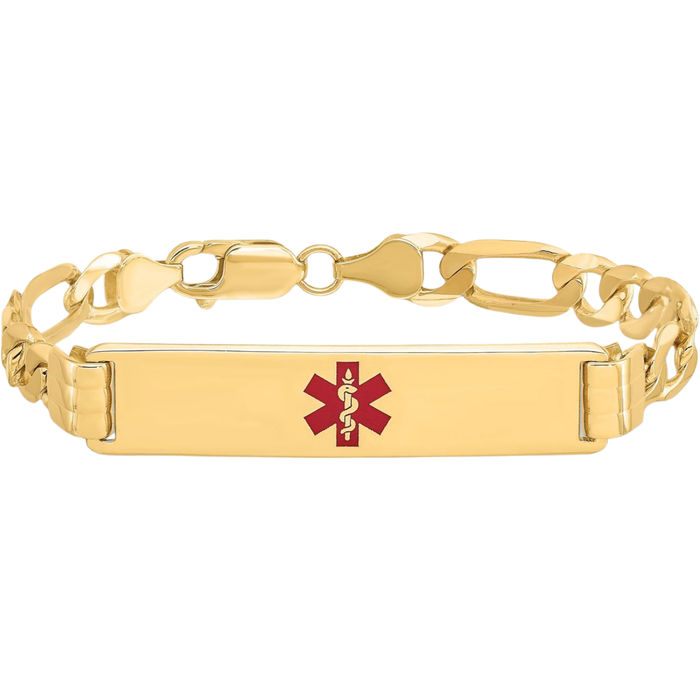 14K Solid Yellow Gold Medical Alert Figaro Link Name Bar Identification ID Bracelet