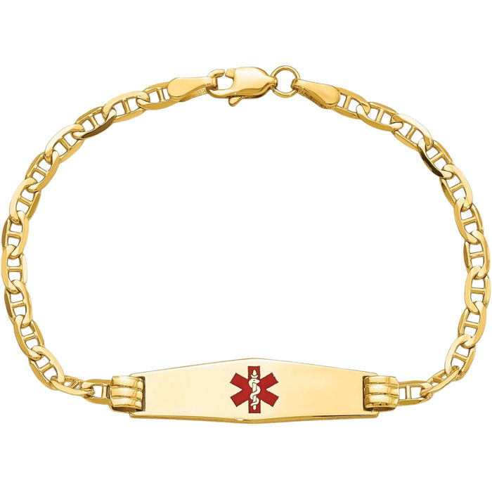 14K Solid Yellow Gold Medical Alert Anchor Mariner Link Name Bar Identification ID Bracelet