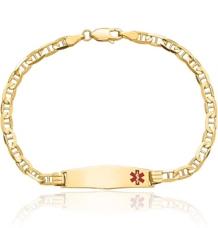 14K Solid Yellow Gold Medical Alert Anchor Mariner Link Name Bar Identification ID Bracelet