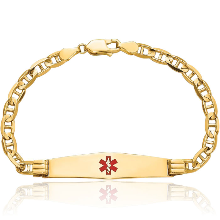 14K Solid Yellow Gold Medical Alert Anchor Mariner Link Name Bar Identification ID Bracelet