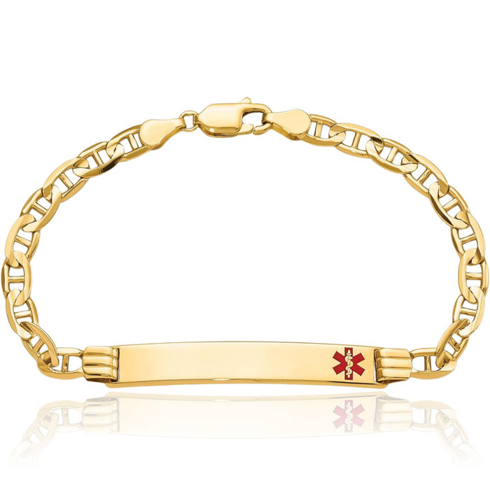 14K Solid Yellow Gold Medical Alert Anchor Mariner Link Name Bar Identification ID Bracelet