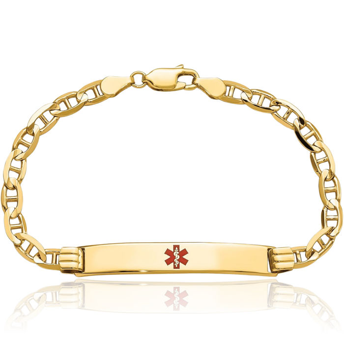 14K Solid Yellow Gold Medical Alert Anchor Mariner Link Name Bar Identification ID Bracelet