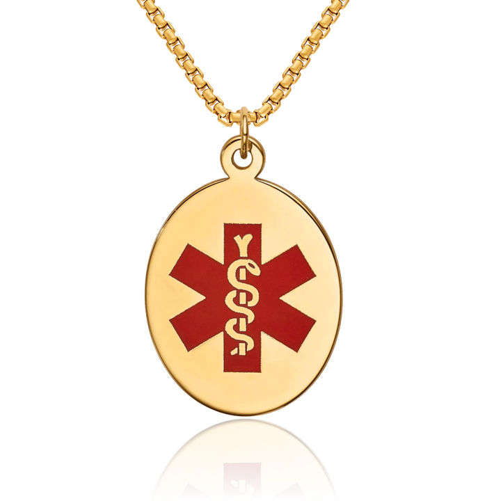 14K Solid Yellow Gold Medical Alert Necklace Chain Pendant Charm