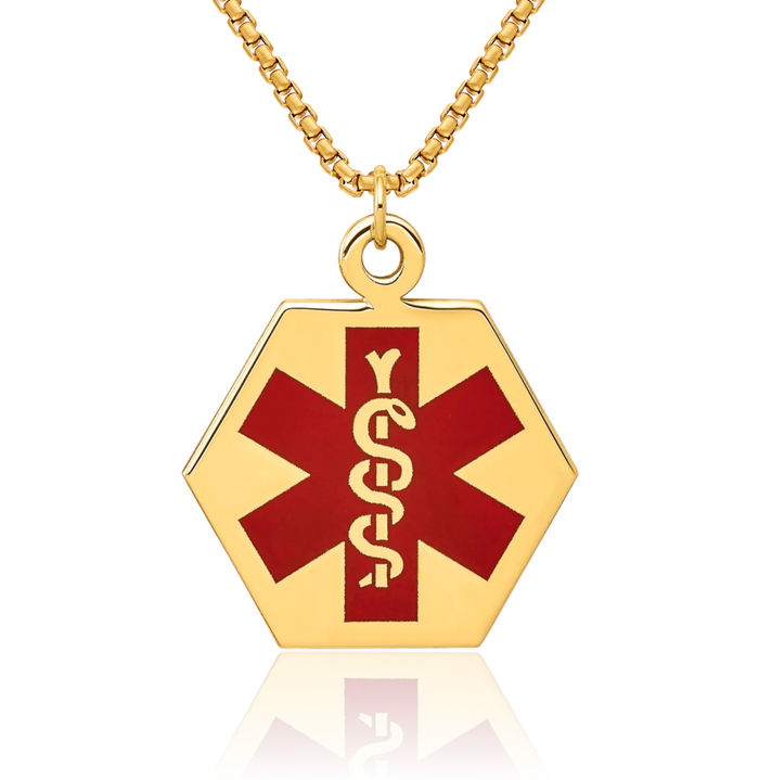 14K Solid Yellow Gold Medical Alert Necklace Chain Pendant Charm