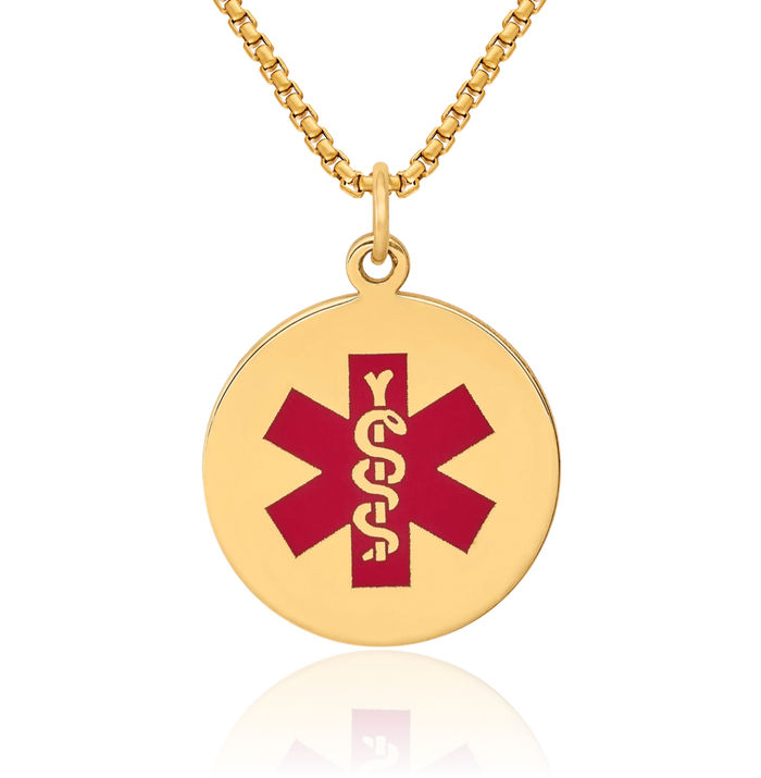 14K Solid Yellow Gold Medical Alert Necklace Chain Pendant Charm