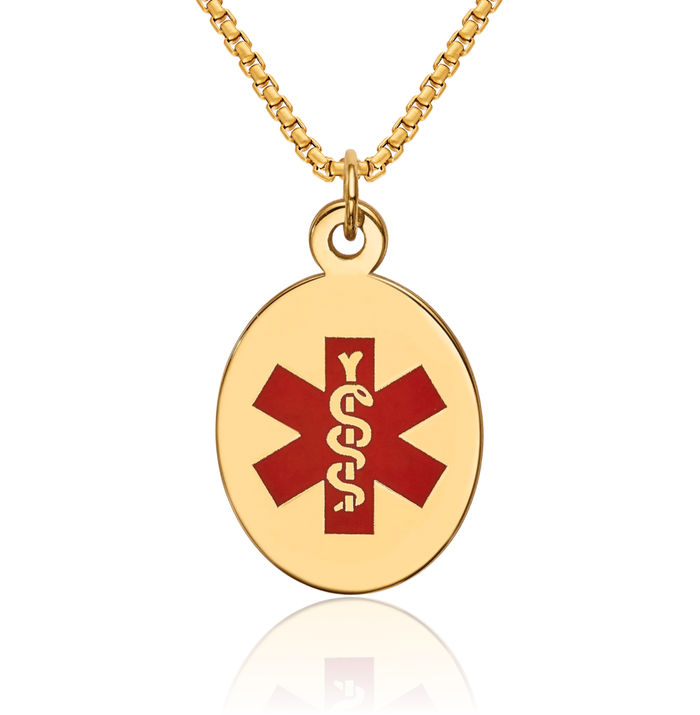 14K Solid Yellow Gold Medical Alert Necklace Chain Pendant Charm