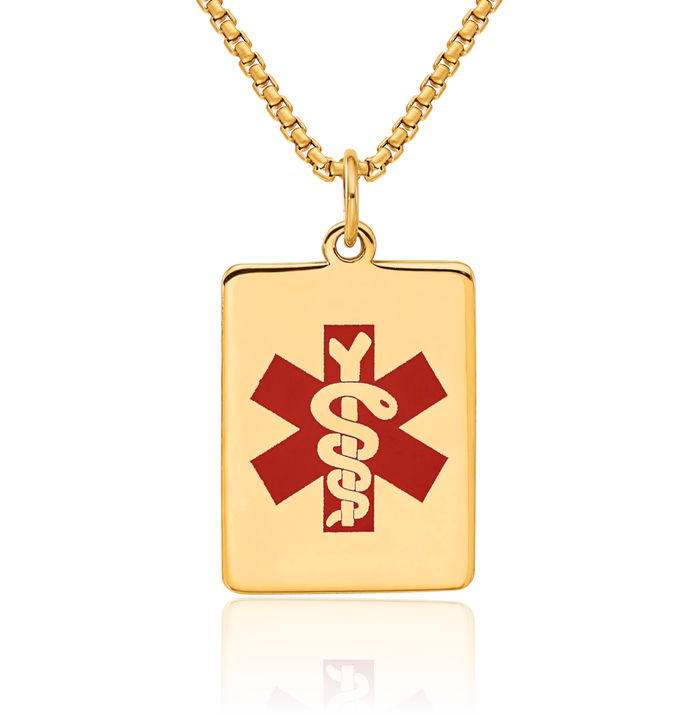 14K Solid Yellow Gold Medical Alert Necklace Chain Pendant Charm