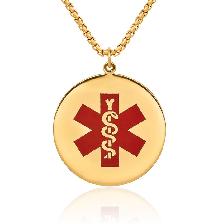 14K Solid Yellow Gold Medical Alert Necklace Chain Pendant Charm