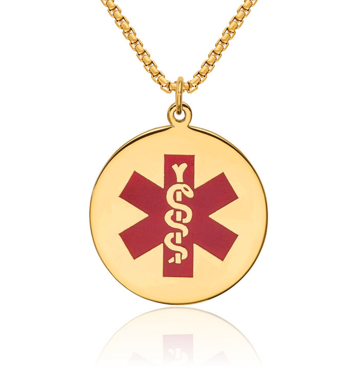 14K Solid Yellow Gold Medical Alert Necklace Chain Pendant Charm