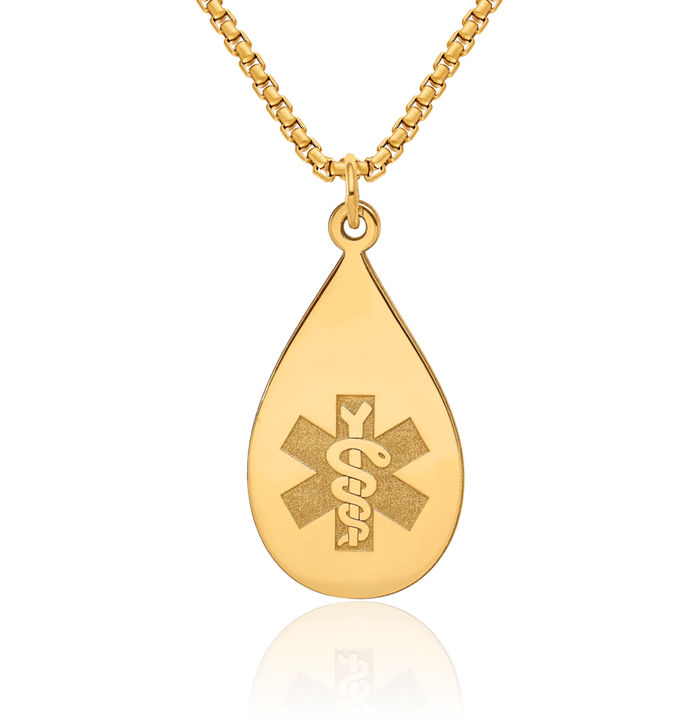 14K Solid Yellow Gold Medical Alert Necklace Chain Pendant Charm