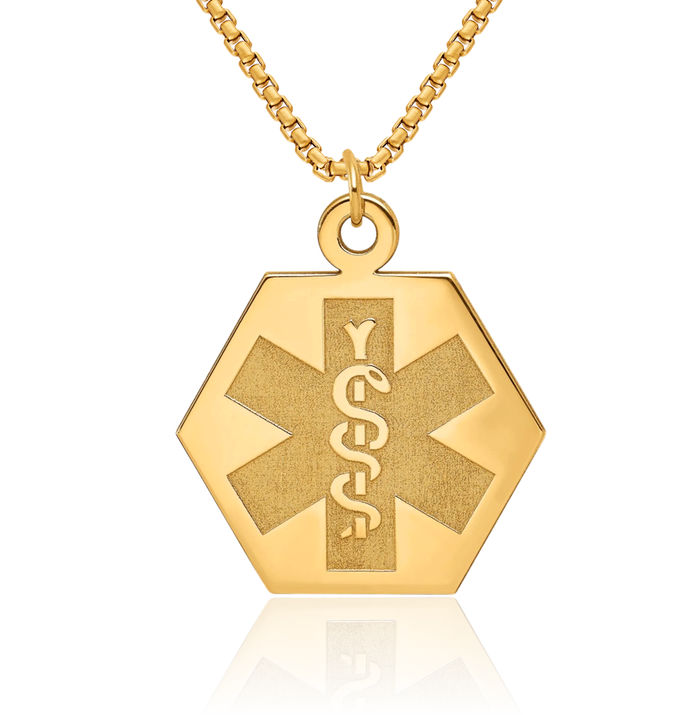 14K Solid Yellow Gold Medical Alert Necklace Chain Pendant Charm