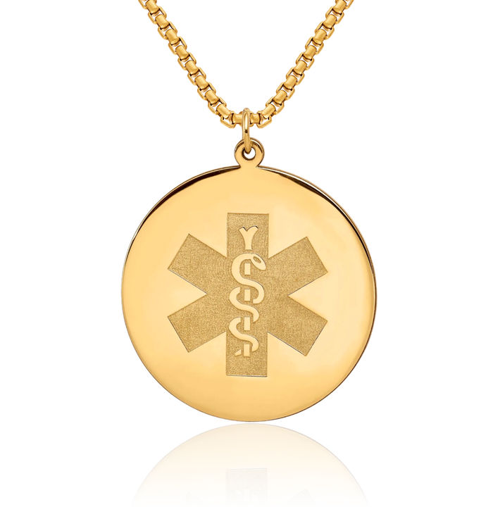 14K Solid Yellow Gold Medical Alert Necklace Chain Pendant Charm