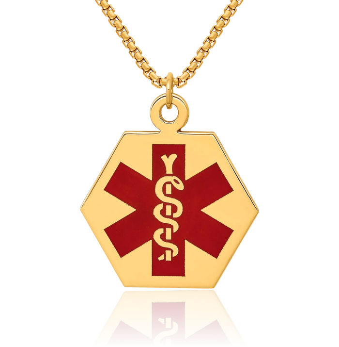 14K Solid Yellow Gold Medical Alert Necklace Chain Pendant Charm