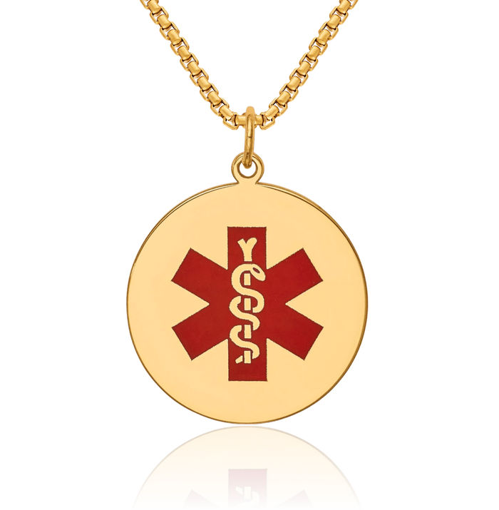 14K Solid Yellow Gold Medical Alert Necklace Chain Pendant Charm