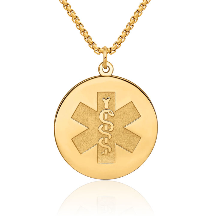 14K Solid Yellow Gold Medical Alert Necklace Chain Pendant Charm