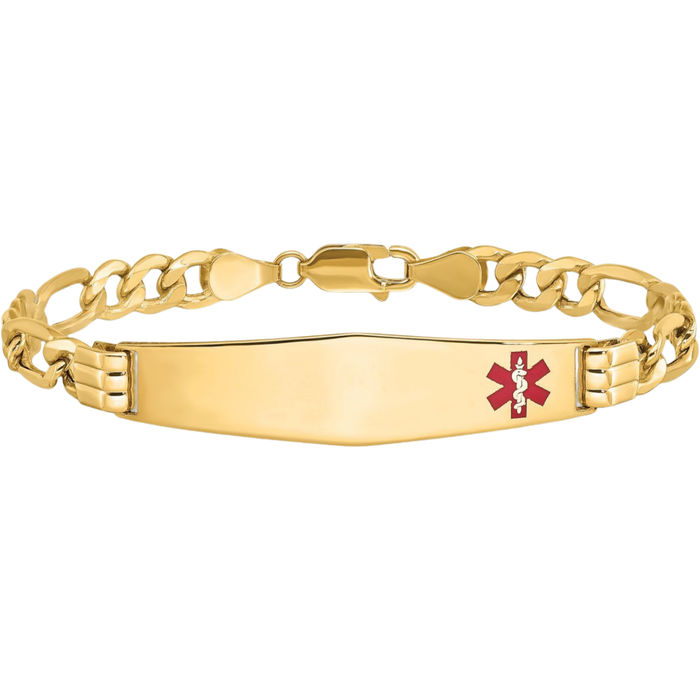 14K Solid Yellow Gold Medical Alert Soft Figaro Link Name Bar Identification ID Bracelet