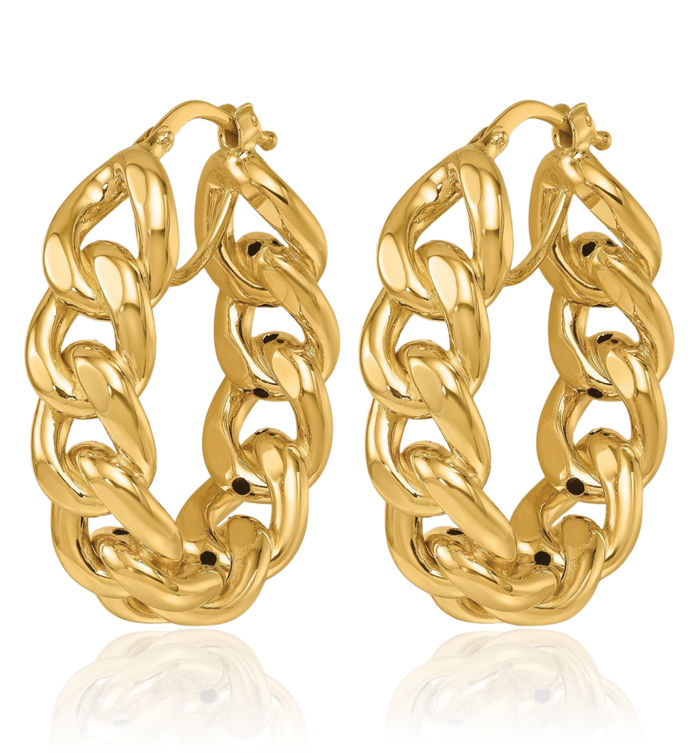 14K Solid Yellow Gold Medium Anchor Mariner Chain Link Oval Hoop Earrings