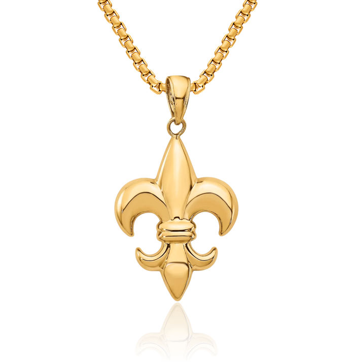 14K Solid Yellow Gold Medium French Fleur De Lis Lily Flower Necklace Religious Chain Pendant Saint Charm