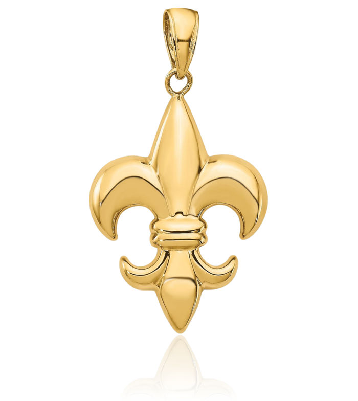 14K Solid Yellow Gold Medium French Fleur De Lis Lily Flower Necklace Religious Chain Pendant Saint Charm