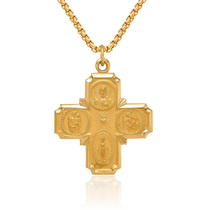 14K Solid Yellow Gold Medium Four Way Holy Cross Religious Medal Necklace Christian Pendant Scapular Charm