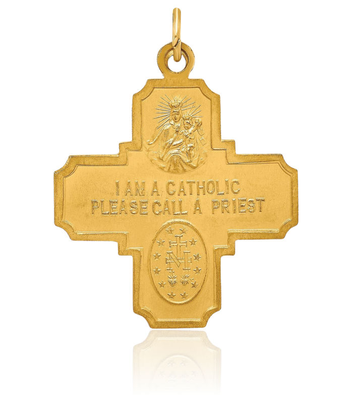 14K Solid Yellow Gold Medium Four Way Holy Cross Religious Medal Necklace Christian Pendant Scapular Charm